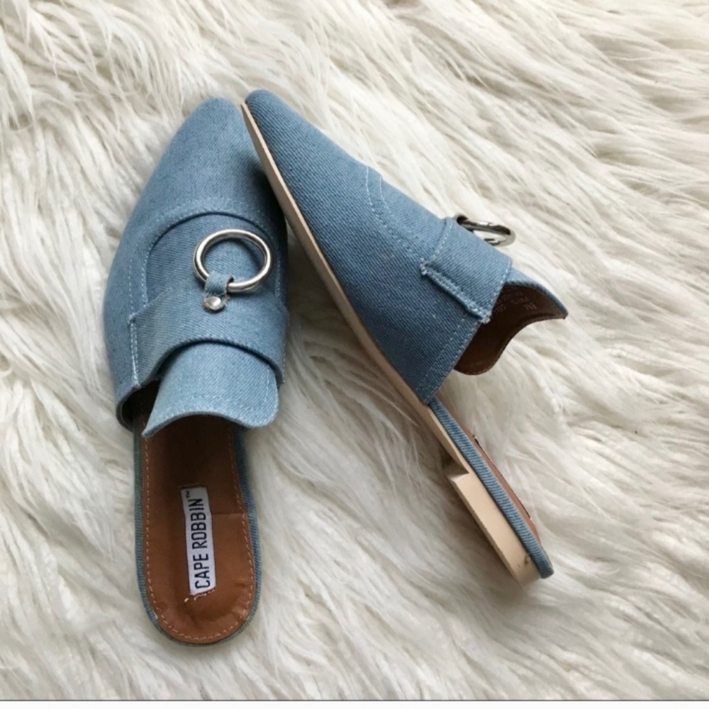Anthro Cape Robbin Denim Ring Mule Pointed Loafers 8 - Picture 2 of 7